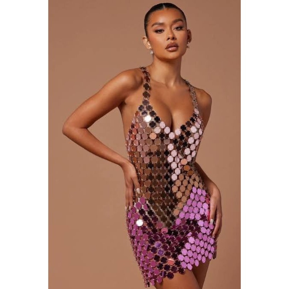 Ombre Chainmail Paillette Mini Dress Silver Gold Purple Festival Party Wear